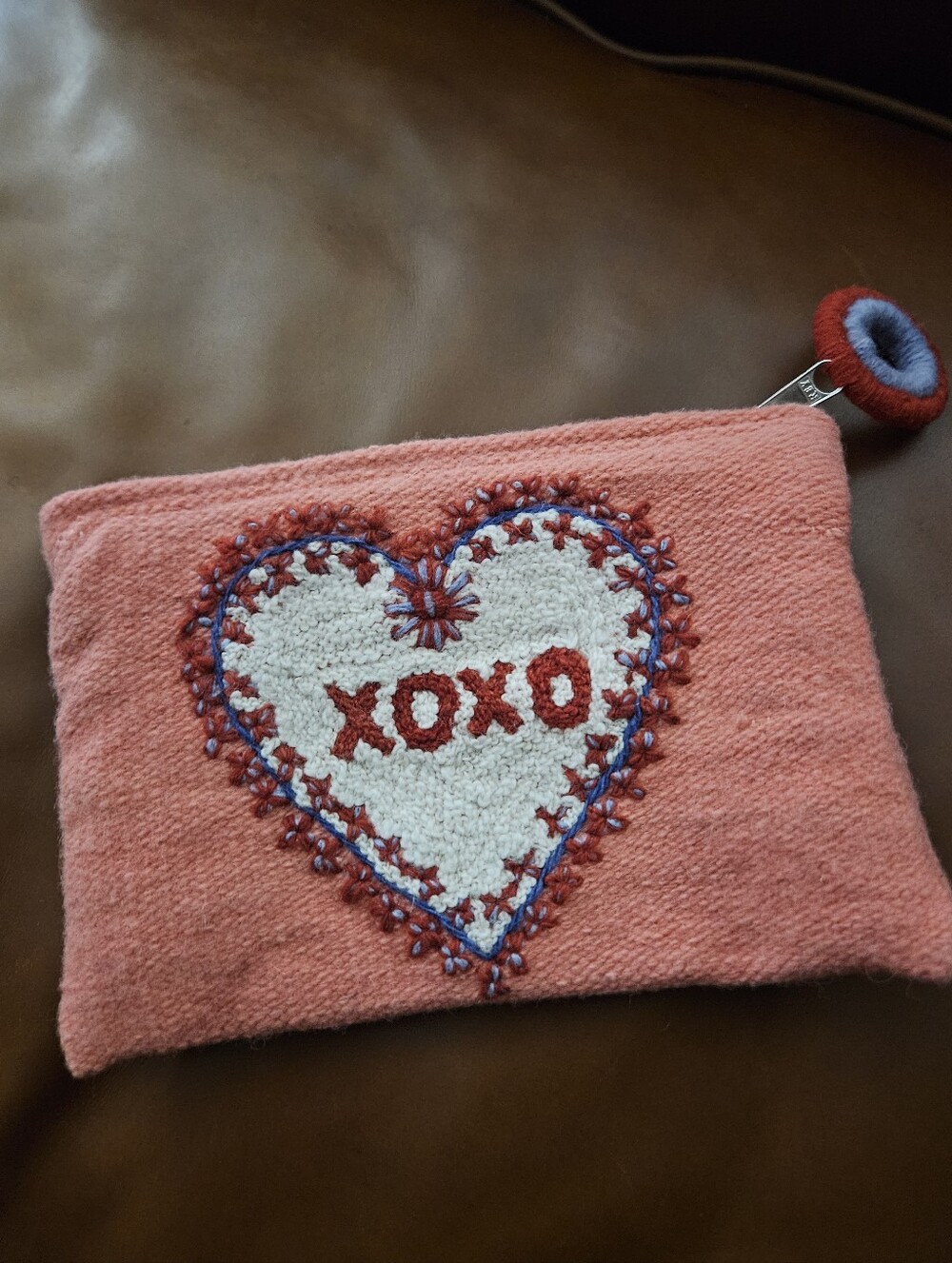 JENNY KRAUSS 100% WOOL, HAND EMBROIDERED MAKE UP BAG/COIN PURSE. PINK XOXO heart